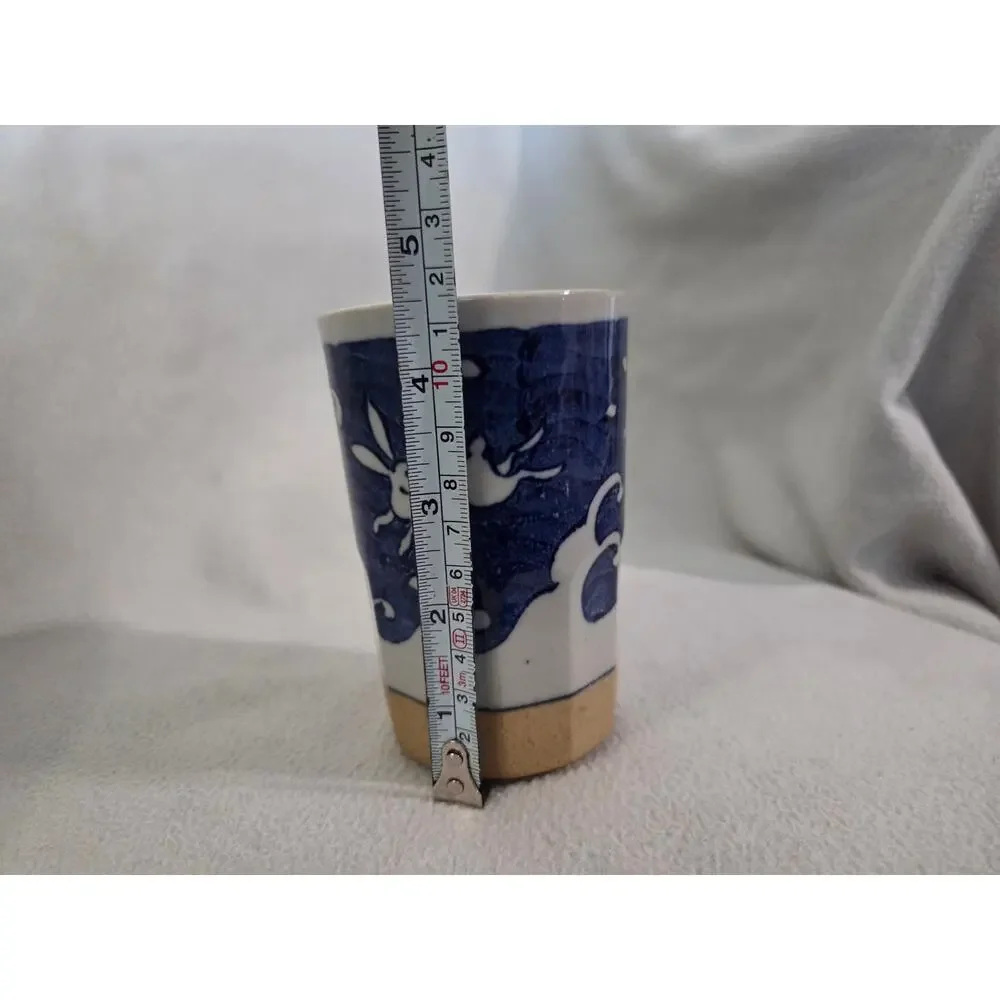 Vtg Japanese Sometsuke Oshima Rabbit Pottery Blue White CUP